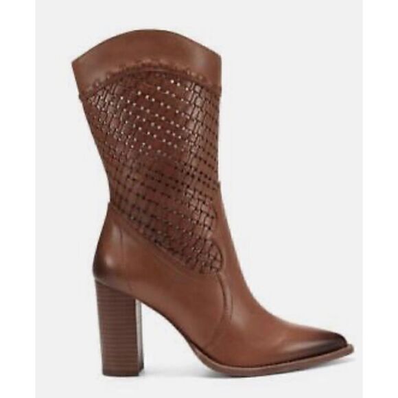 Vince Camuto Emmelia Warm Caramel Mid Calf Pointed Toe Western Heeled Boot - Picture 2 of 8